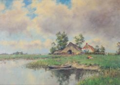 J * Kruit (20th century) River landscape with farm buildings and cattle, signed, oil on canvas, 49 x