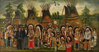 John Sundance King (20th Century) Abraham Lincoln Meeting the Chiefs, 1969 signed (lower right),