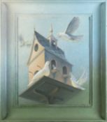 Manner of Felix Kelly (1914-1998) Doves oil on board in a graduated painted frame 45 x 37cm.