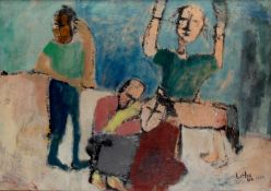 Lalitha Jawahirilal (b.1955) Family with a Dog, 1988 signed and dated (lower right) oil on board