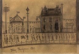 John Thompson (1924-2011) Street Scene, 1951 signed and dated (lower left) charcoal and pencil 17