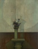 Modern British School Vase of Flowers on a Plinth oil on canvas 66 x 51cm. Label image added to