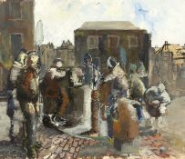 Attributed to Raymond Kanelba (1897–1960) Figures in an Alley mixed media on paper 36 x 40cm.