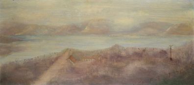 Manner of Mary Newcomb (1922-2008) River Landscape oil on board 36 x 83cm.