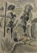 George Bissill (1896-1973) Village Road with Pylons signed (lower left) watercolour 45 x 30cm.