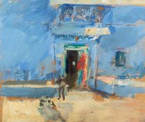 Attributed to Anthony Eyton (b.1923) Figures in a Doorway oil on board 32 x 38cm.