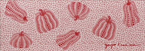 Yayoi Kusama (b.1929) Pumpkins (red/white) screenprinted fabric 32 x 88cm.