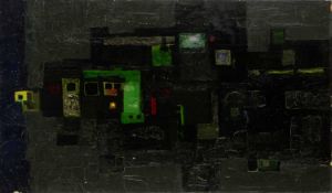 Anthony Curtis (1928-2018) Buildings at Night, 1956 signed and dated (to reverse) oil on board 49