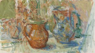 Jane Dowling (1925-2023) Still life of jugs oil on board 25 x 47cm, unframed. Mallams are