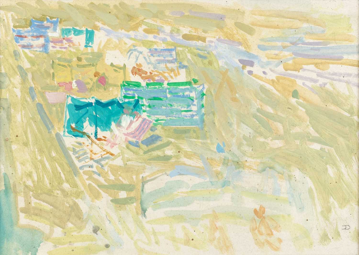 Jane Dowling (1925-2023) Windbreaks on the Beach signed with initials (lower right) oil on board