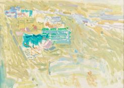 Jane Dowling (1925-2023) Windbreaks on the Beach signed with initials (lower right) oil on board