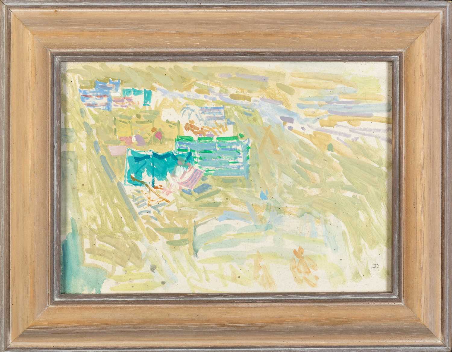 Jane Dowling (1925-2023) Windbreaks on the Beach signed with initials (lower right) oil on board - Image 2 of 3