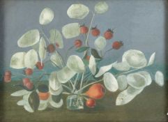 Jane Dowling (1925-2023) Honesty and Rosehips an early oil on board signed and inscribed (to label