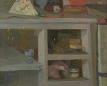 Jane Dowling (1925-2023) Kitchen Shelves inscribed (to reverse) oil on board 19 x 25cm; and three