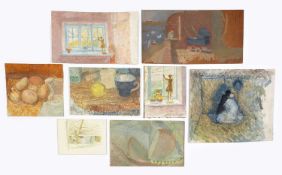 Jane Dowling (1925-2023) Eight small oil paintings mainly interior scenes largest 26 x 31cm,