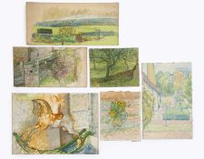 Jane Dowling (1925-2023) Six unframed oil paintings five landscapes and one of a rocking horse