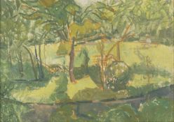 Jane Dowling (1925-2023) Park in Summer oil on board 24 x 35cm. Mallams are delighted to offer