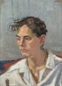 David Greenham Portrait of Jocelyn Hacker, 1990 inscribed (to label on the reverse) oil on board