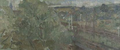 Jane Dowling (1925-2023) Oxford Railway Lines oil on board 11 x 26cm. Exhibited: The Royal
