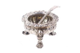 A late George III chased and embossed silver cauldron shaped salt.