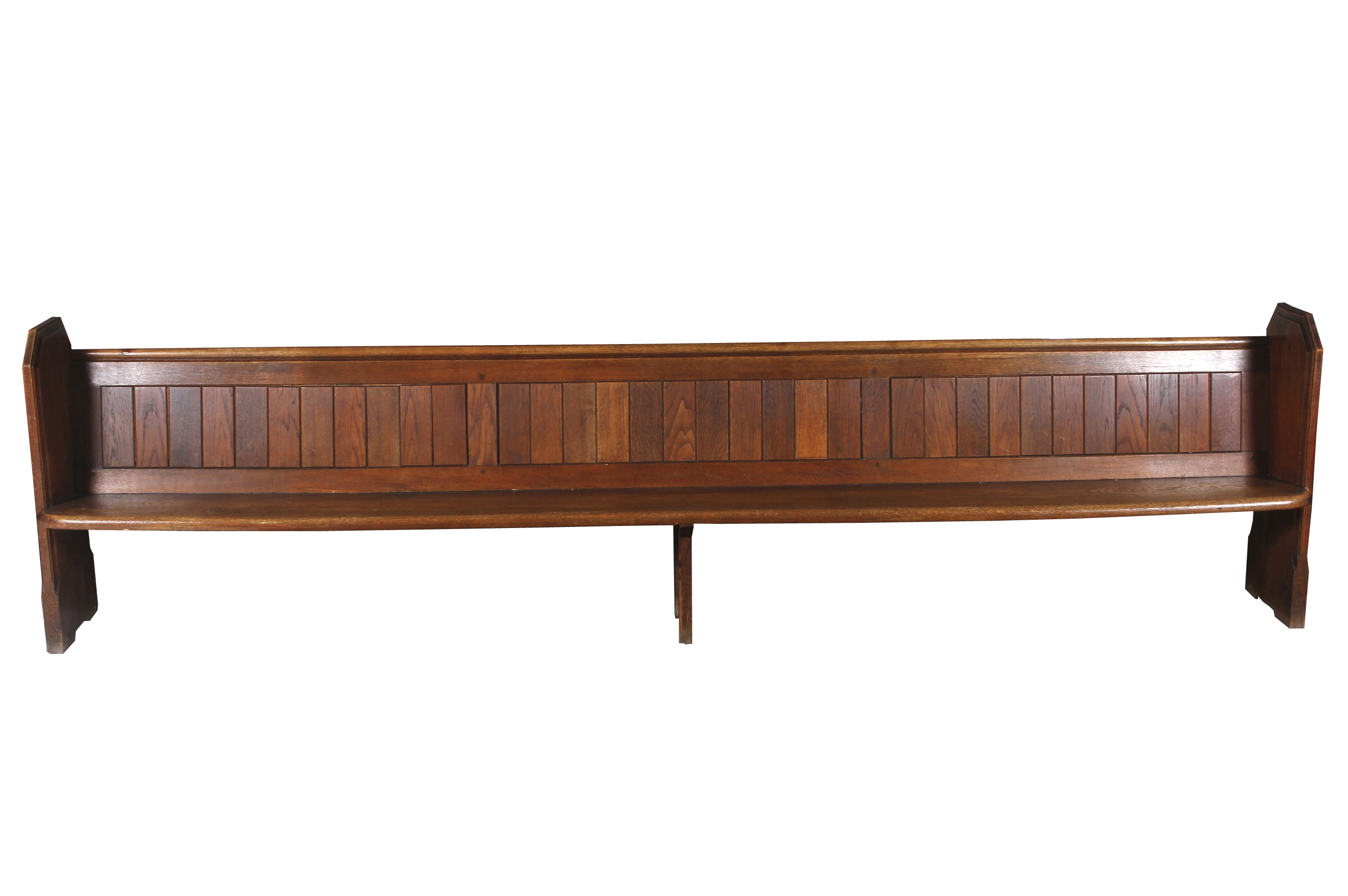 A Victorian oak pew. With carved quatrefoil roundel to each end. CIrca 3.5 m long. - Image 2 of 2