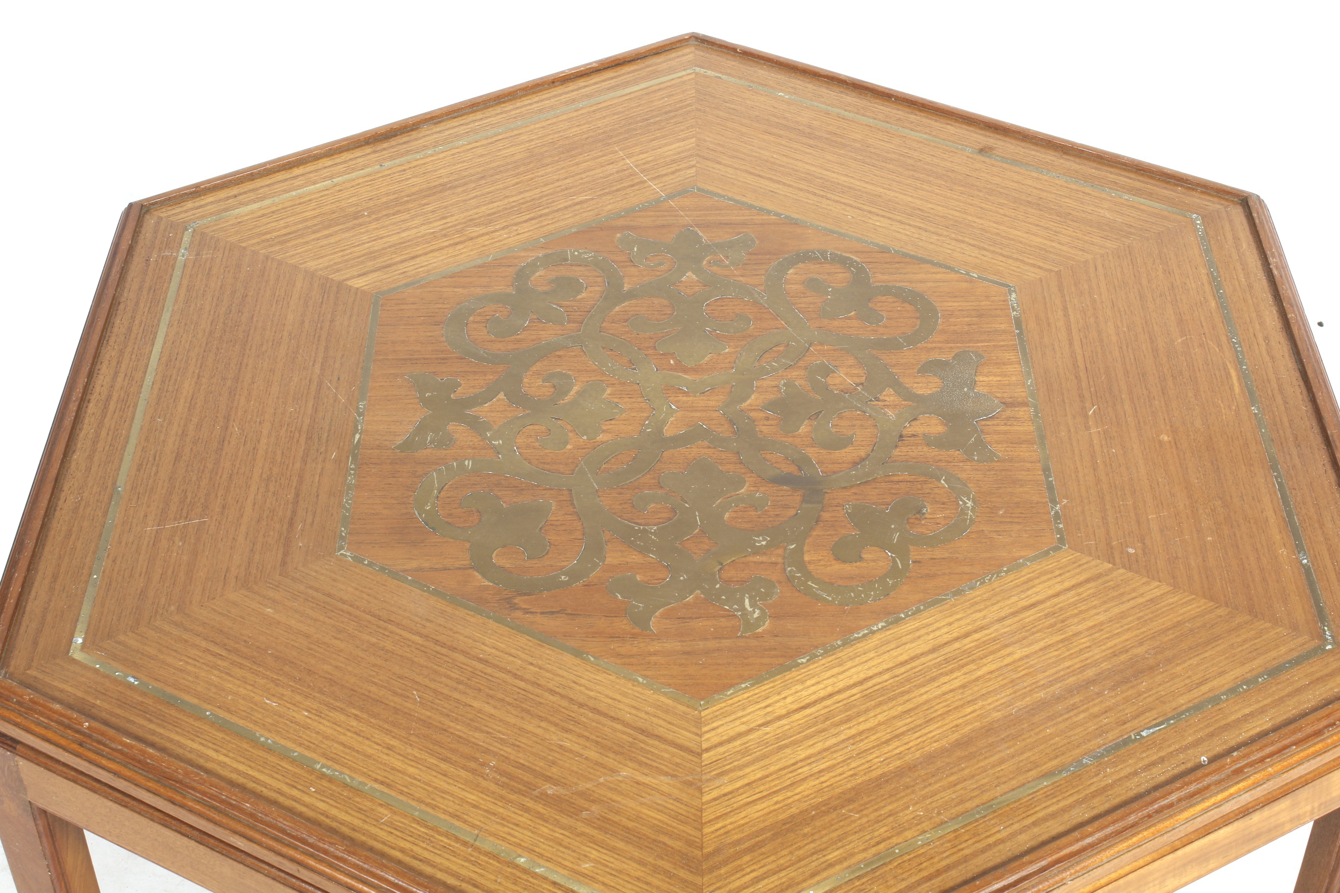 A contemporary hexagonal brass parquetry inlay coffee table. Raised on six chamfered supports. - Image 2 of 2