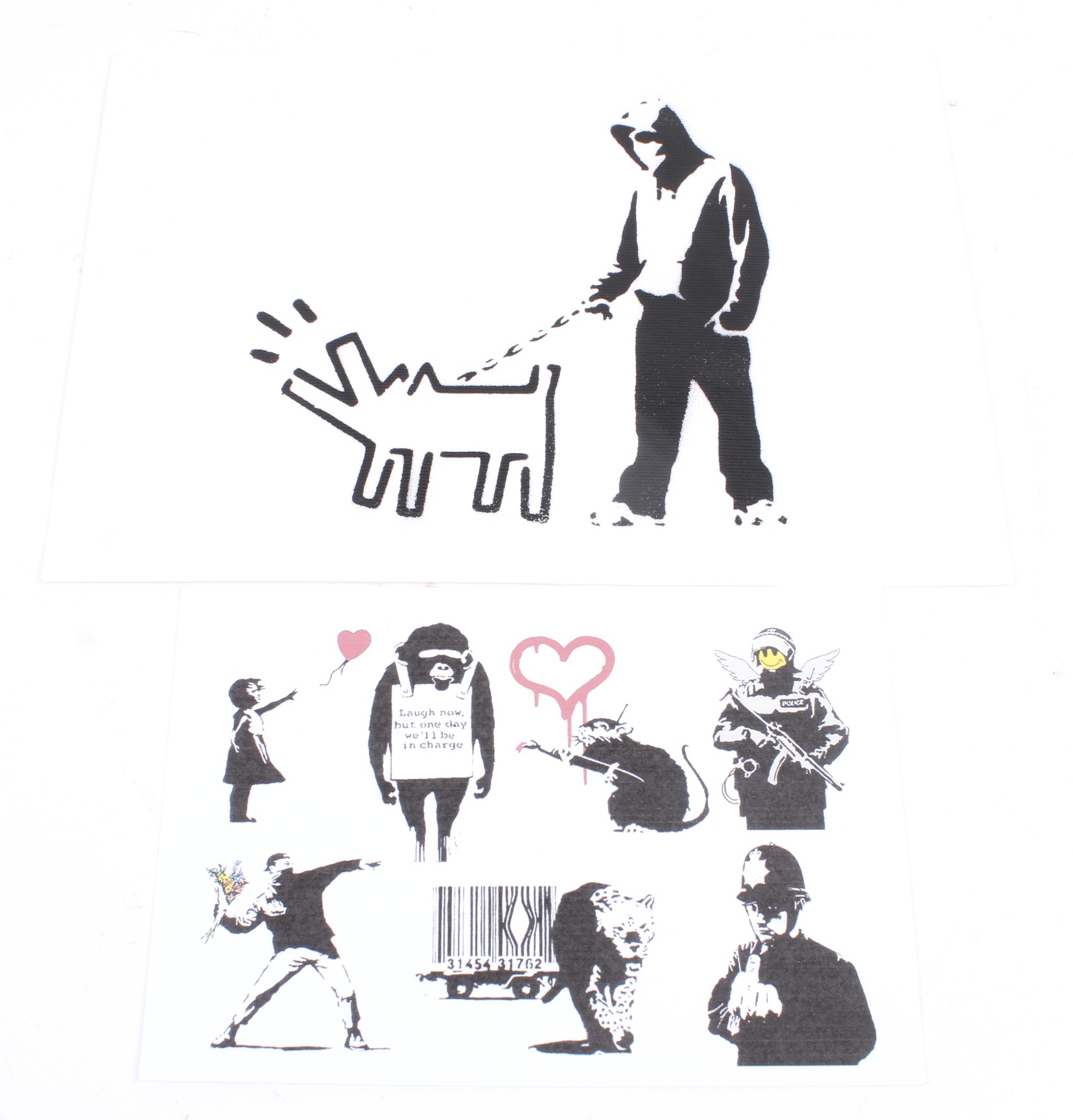 A Dismaland spray painted image on canvas sheet and a flyer.