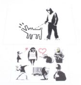 A Dismaland spray painted image on canvas sheet and a flyer.
