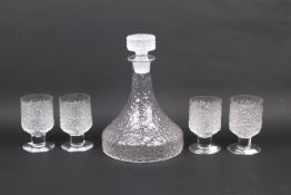 A circa 1970s frosted textured glass ship's decanter and four matching glasses. Max.