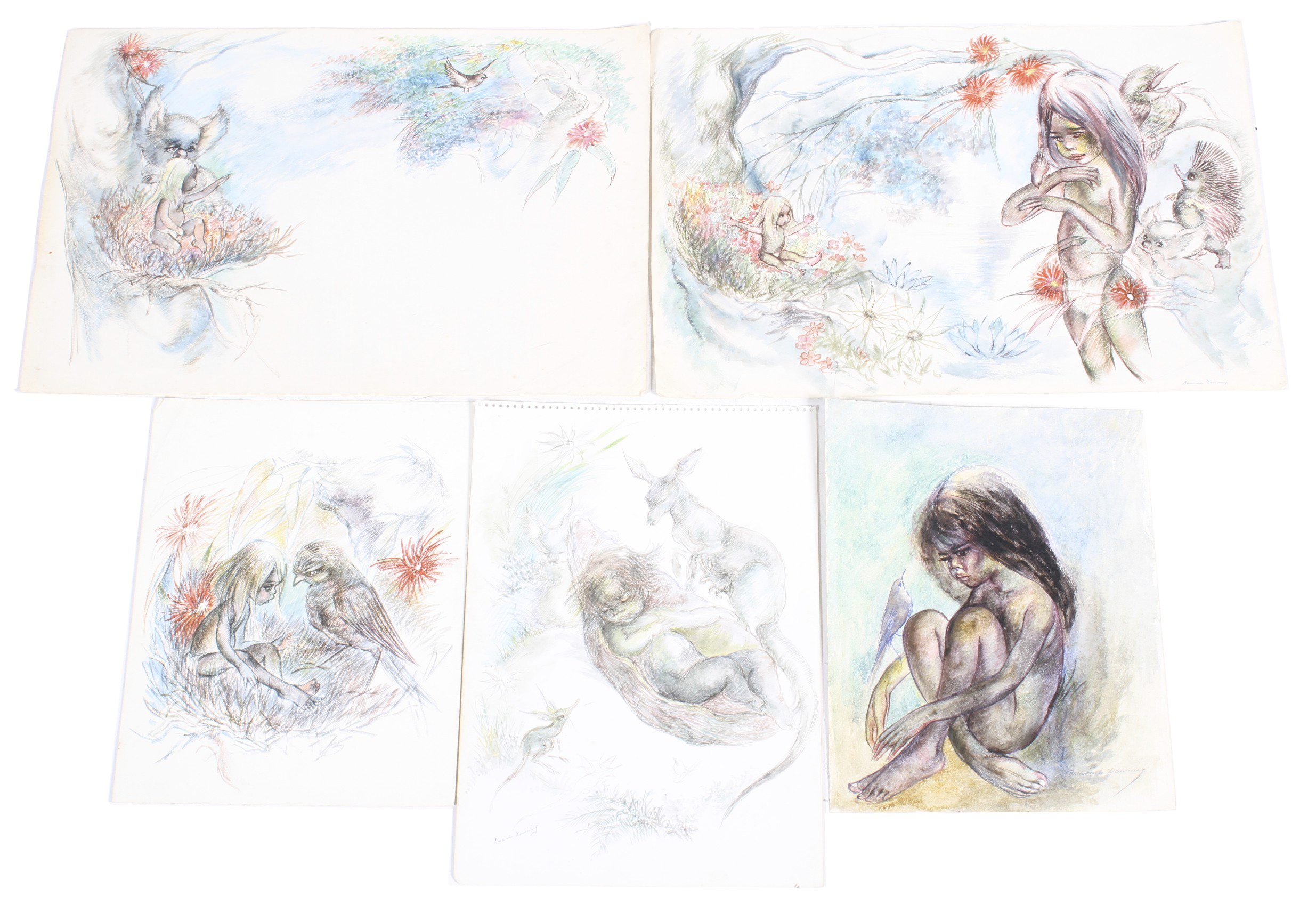 Five pen and ink and watercolour drawings by Brownie Downing Mansfield (Australian, 1924-1995).