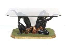 A contemporary blackamoor glass top coffee table.