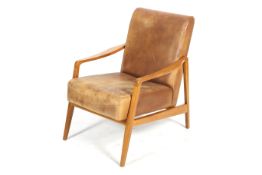 A contemporary Libra wooden and tan leather open arm chair. Raised on square tapering supports.