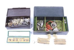 A collection of Victorian and later jewellery and other items in a green-leather bound jewellery