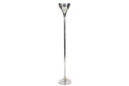 A circa 1980s chrome uplighter with tulip shade. Circular base and a chrome tulip shade.