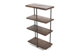A mid-century oak four tier 'what-not' freestanding shelf. With three metal rod supports.