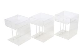 Three contemporary clear formed acrylic bedside/ occasional tables.