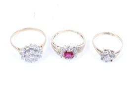 Three vintage 9ct gold rings. Including a cubic zirconia cluster ring (one stone missing) 2.