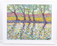 Paul Stephens (b.1957) oil on board 'River Brue & Mendips, Dappled Light'.