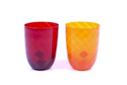 Pair of Nason Moretti coloured glass tumblers. Orange and burgundy, engraved 'HM, 7.3.16' to base.