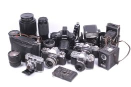 A collection of cameras and lenses.