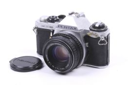 An Asahi Pentax ME Super camera with an Asahi 50mm lens.