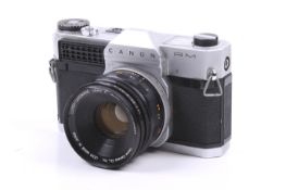 A Canon Canonflex RM 35mm SLR camera. Chrome. Serial No. 150228. With a Canon 50mm f1.