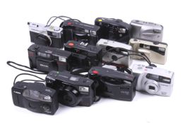 A collection of twelve compact cameras. Mostly 35mm.