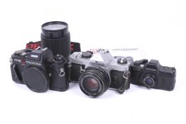 Three Pentax SLR film cameras. To include an Asahi Pentax Auto 110 with a 24mm f2.