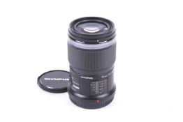 An Olympus OM System M.Zuiko Digital ED 60mm f2.8 Macro mirrorless camera lens.