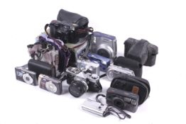 A collection of cameras. To include an Olympus OM-1 35mm SLR with a 50mm f1.8 F.