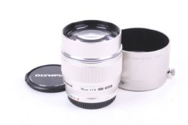 An Olympus OM System M.Zuiko Digital 75mm f1.8 ED mirrorless camera lens.