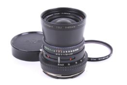 A Carl Zeiss 60mm f3.5 Distagon T* lens. Black, serial number 5734748. Hasselblad mount.