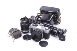 A Praktica L 35mm SLR camera outfit. With two lenses; a Carl Zeiss Jena 50mm f2.