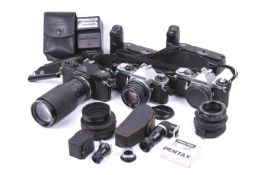 A collection of Asahi Pentax cameras and accessories.